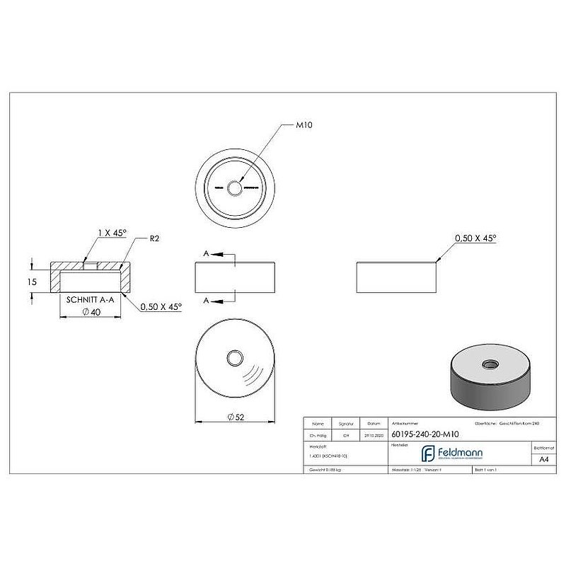 Unterteil für 52mm Glaspunkthalter, t: 20mm, mit M10, V2A