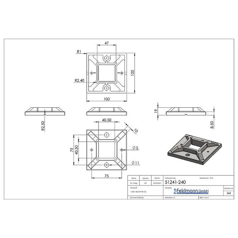 Wand- u. Bodenanker, 100x100x8mm, V2A