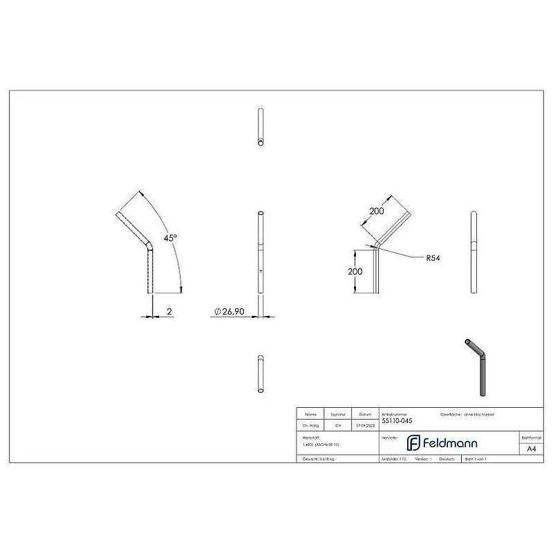 Tube bend 45°, made of 26.9x2.0 mm tube, AISI304