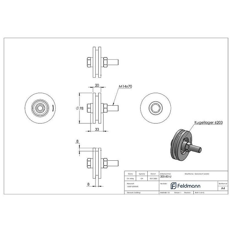 Schiebetorrolle 78mm mit U-Rille 8x8mm