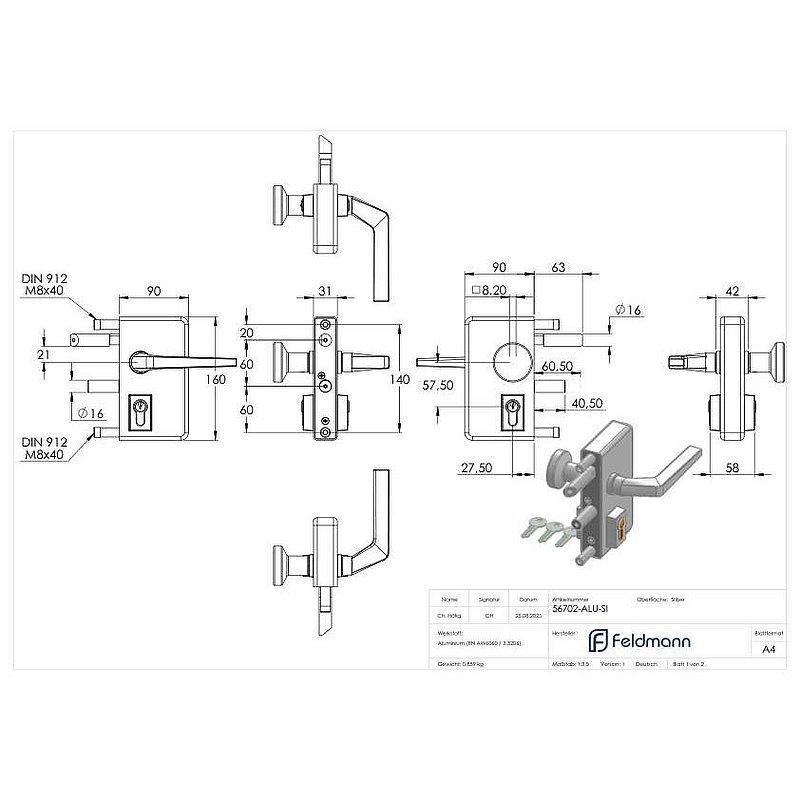 Gittertorschloss GTS 2 mit Anti-Panik-Funktion für Rohrstärke 40-60mm, Gehäuse silber