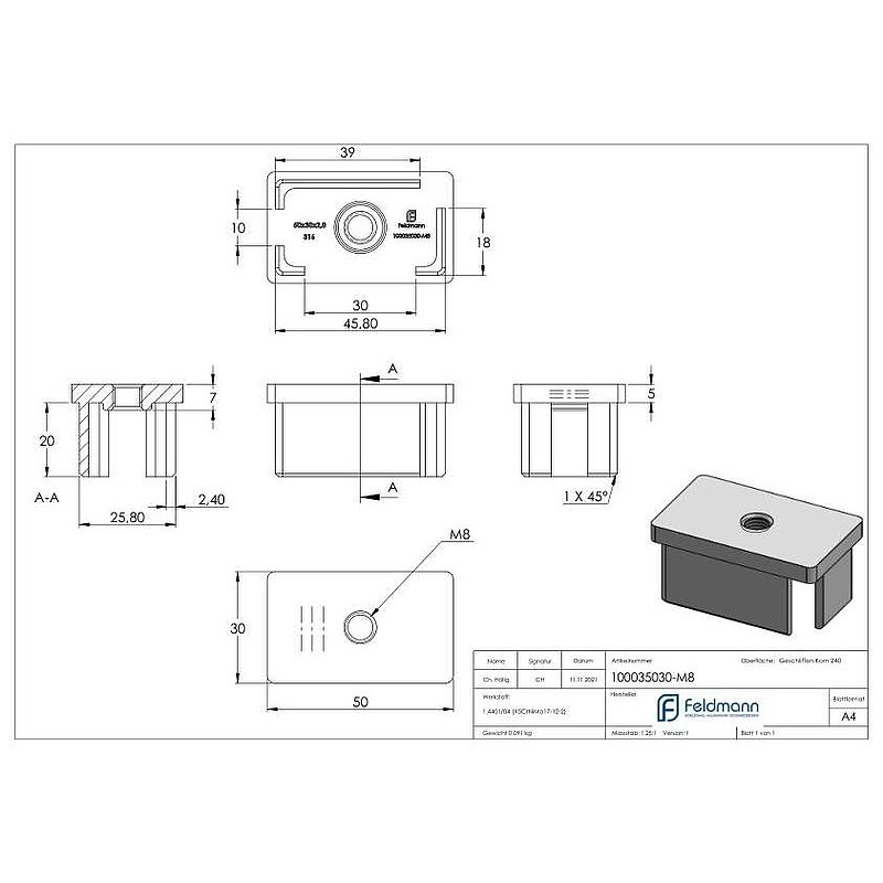 Einsteckkappe, für Rohr 50x30x2,0mm, V4A