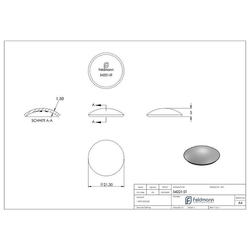 Halbrundschale 21,3x1,5mm, H: 5mm