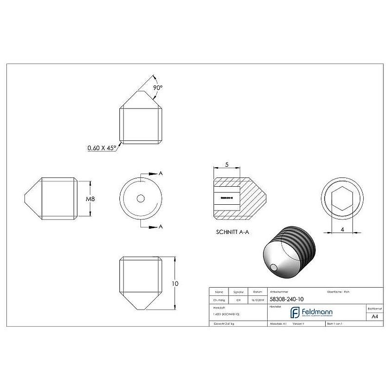 Gewindestift M8x10, V2A, DIN 914 / ISO 4027