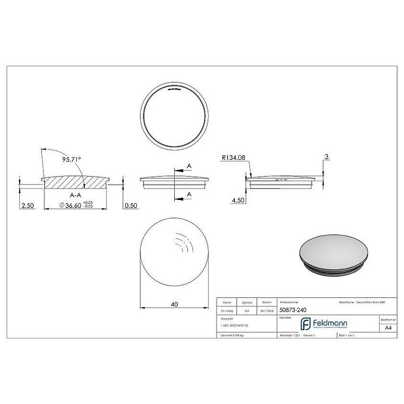 Tube end plug, for tube 40.0x2.0mm, AISI304