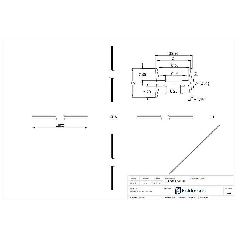 Tube rainuré LED LUNORA®,  profilé porteur en aluminium à retourner, pour tube rainuré rond 42,4 mm