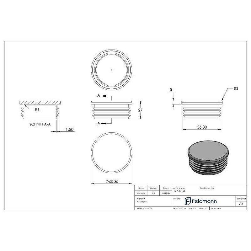 Bouchon plastique pour tube rond 60,3mm