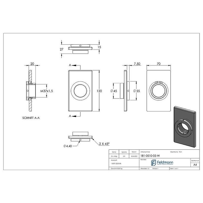 Square mounting plate 70x120mm
