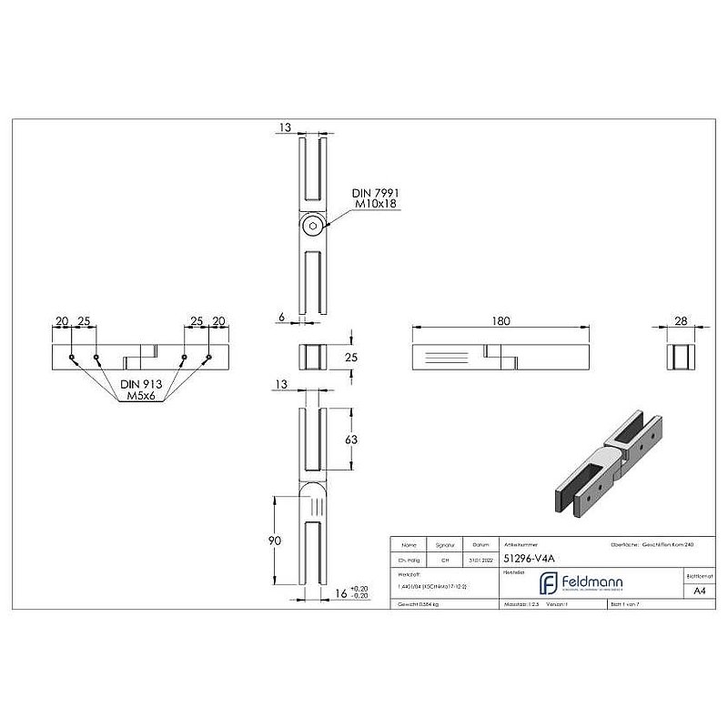 Glasverbinder, für Glas 12 - 12,76mm, verstellbar, V4A