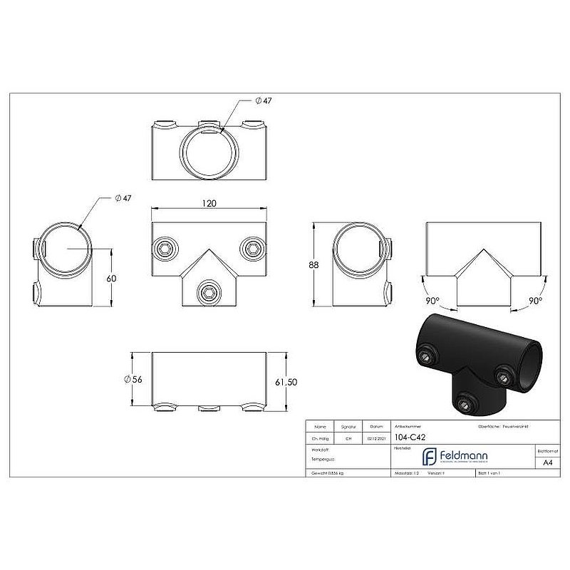 Raccord en T égal, pour tube Ø 42,4mm