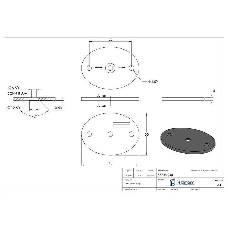 Ronde oval, 75x55x4mm, mit Längsschliff, V2A