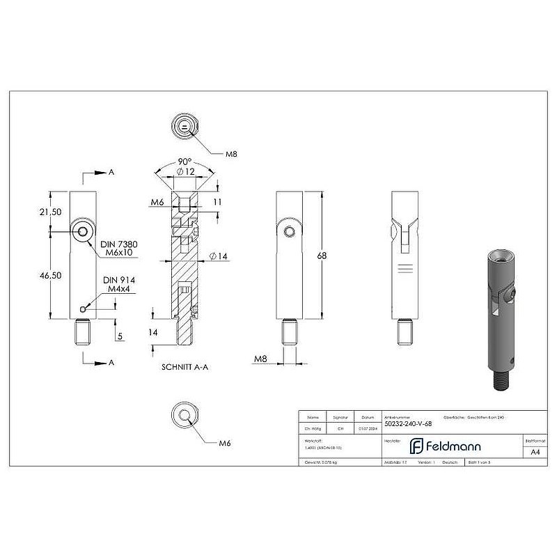 Tige articulée Ø 14mm, L: 68mm, V2A