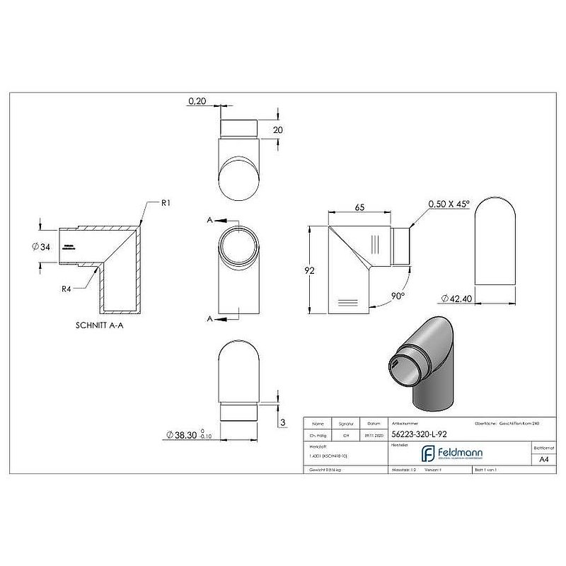 Endbogen 90°, für Rohr 42,4x2,0mm, V2A