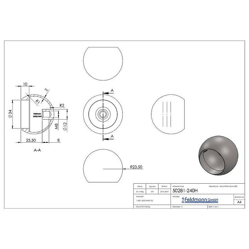 Rohrabschlusskugel hohl für 33,7mm Rohr, mit M8