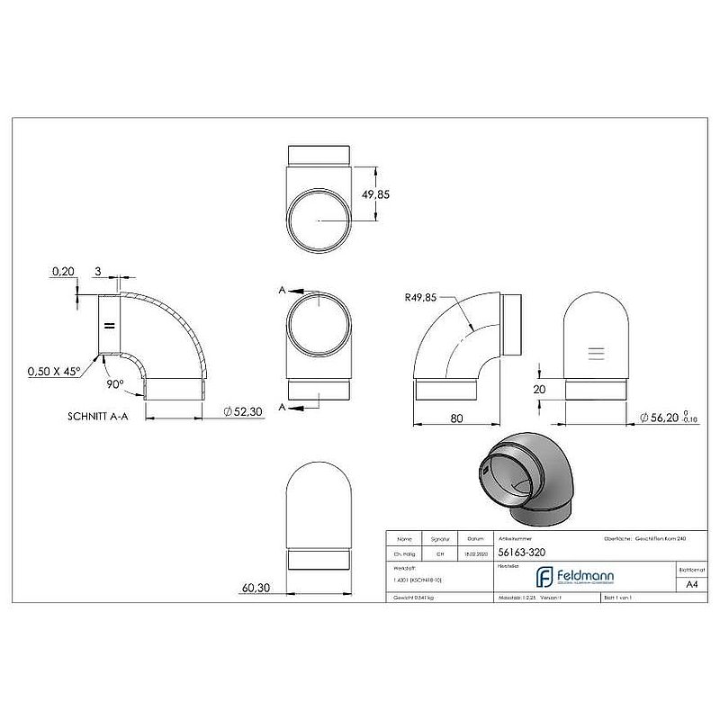 Rohrbogen 90°, für Rohr 60,3x2,0mm, V2A
