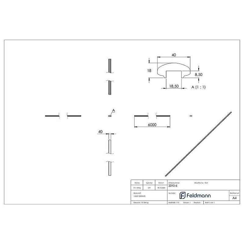 Handlauf 40x18mm mit Nut 18x8mm Länge 6m