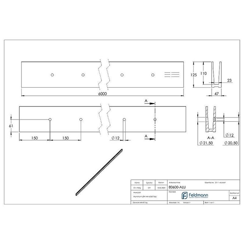 Profilé aluminium ELEGANZA STRONG, montage latéral, L: 6000mm