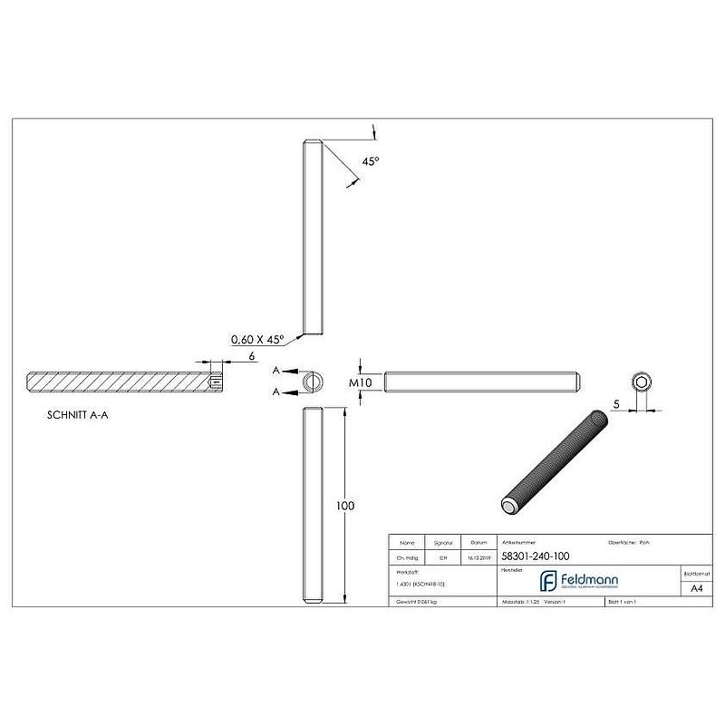 Grub screw M10x100, AISI304, DIN 913 / ISO 4026