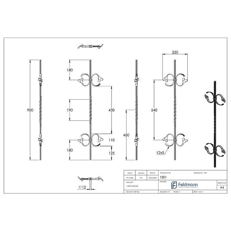 Barre d'ornement 12x12mm, rainurée, style baroque, H : 900mm