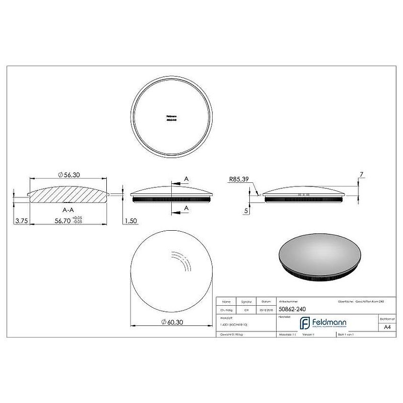 Bouchon pour extrémité de tube, pour tube 60,3x2,0mm, V2A