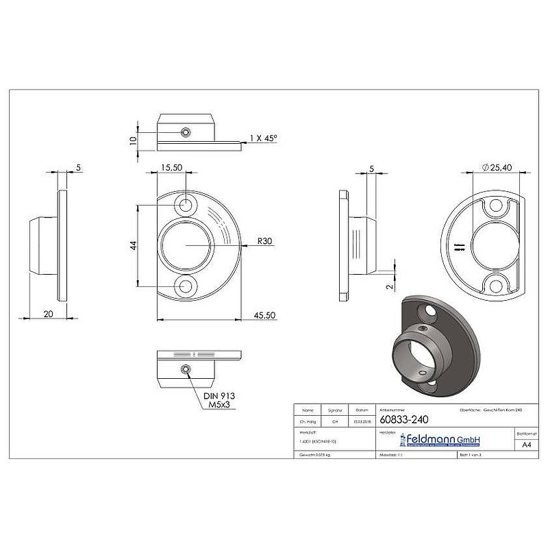 Embase murale, pour rail de guidage de Ø 25,0mm, V2A