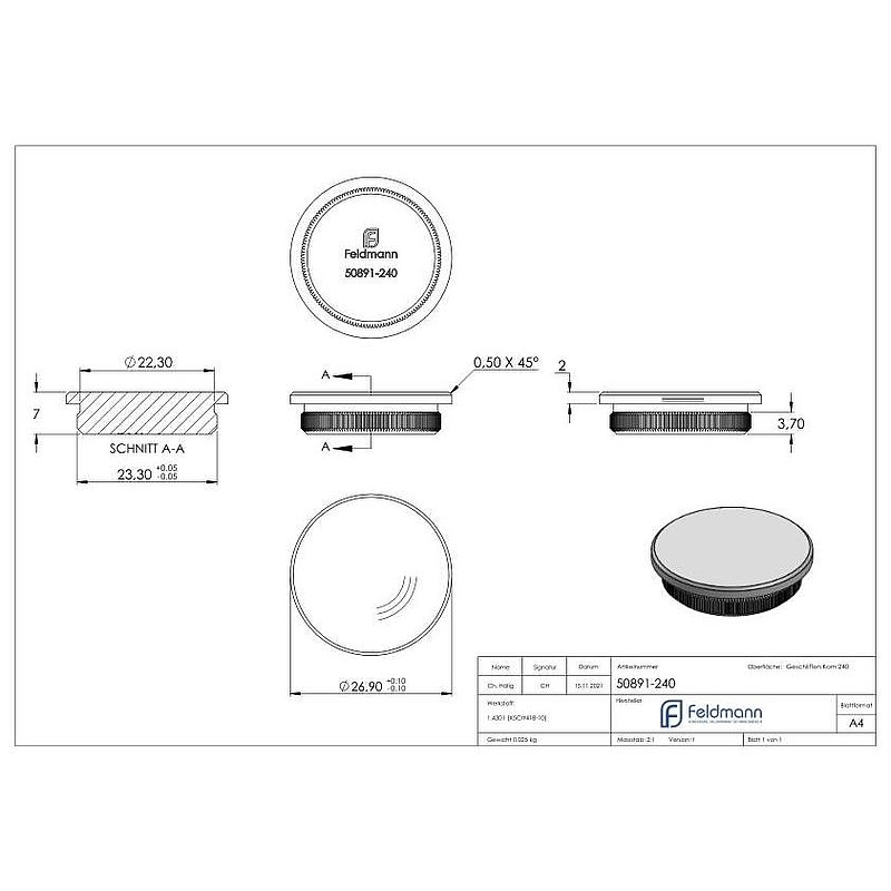 Rohrabschlussstopfen, für Rohr 26,9x2,0mm, V2A