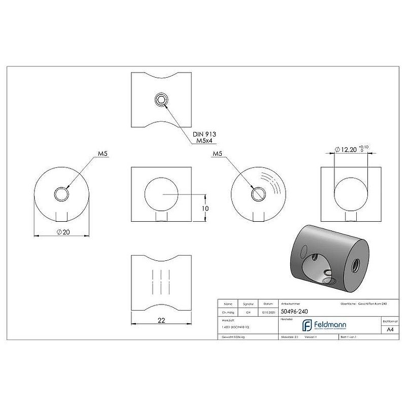 Support de lisse transversale (à monter entre deux fers plats) avec perçage Ø 12,2mm, V2A