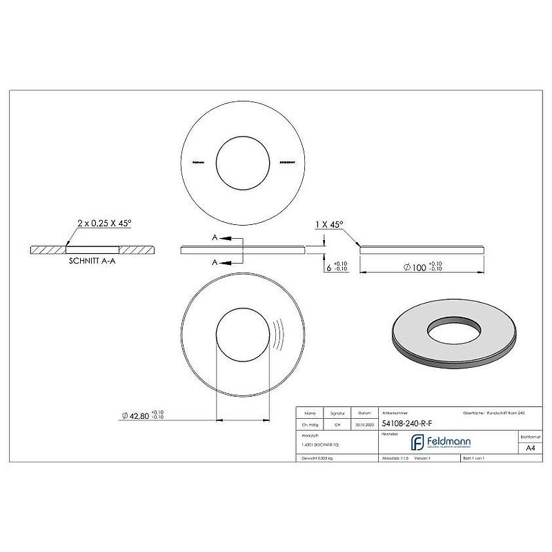 Anchor plate Ø 100x6mm, with bevelled edge and chamfer, AISI304