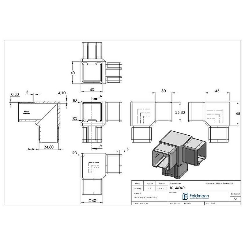 Corner piece 90° with 3 outlets, for tube 40x40x2.0mm, AISI316