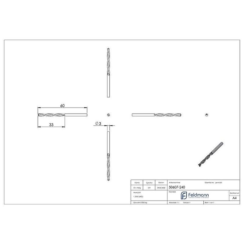 Holzspiralbohrer Ø 3mm, L: 60mm