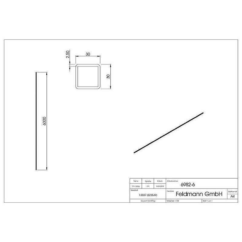 Quadratrohr 30x30x2,5mm, L: 6000mm, gehämmert