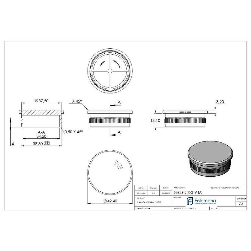 Rohrabschlussstopfen, für Rohr 42,4x2,0mm, V4A