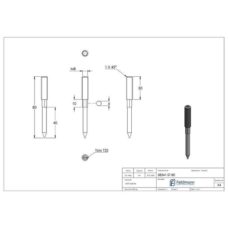 Stockschraube M8x80mm, Stahl verzinkt