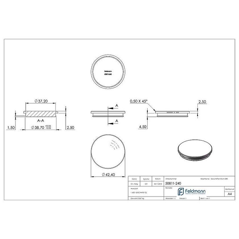 Tube end plug, for tube 42.4x2.0mm, AISI304