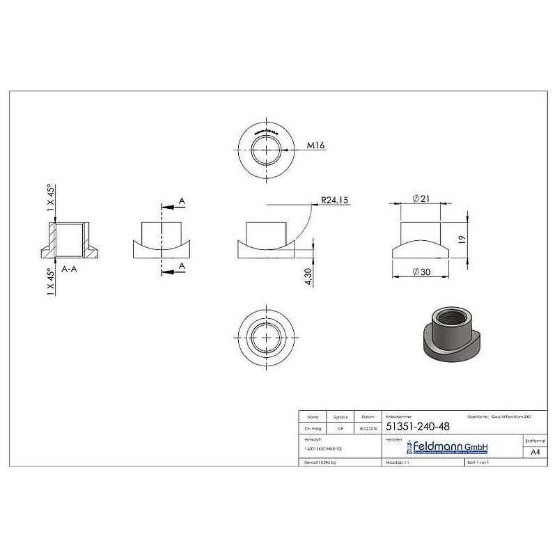 Gewindehülse, passend zu Torband 120-M16-VA, für Rohr 48,3mm, V2A