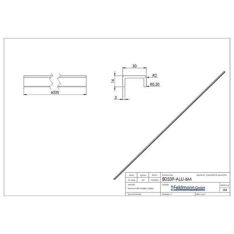 Profilé aluminium en U, 30x14x3mm, L: 6000mm
