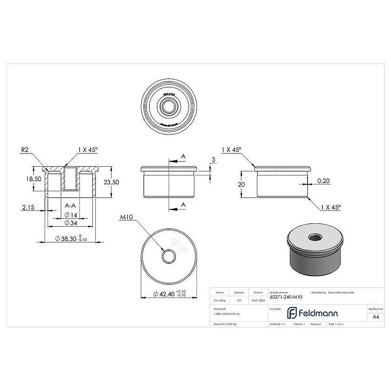Rohrabschlussstopfen zum Kleben mit M10 für 42,4x2,0mm, V2A