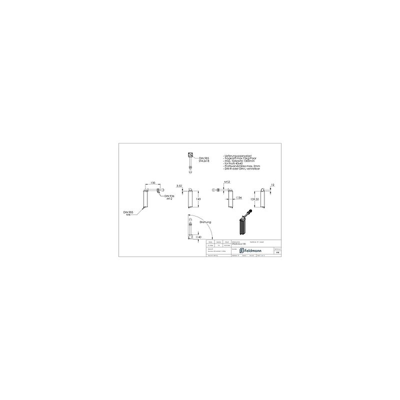 Charnière M12 avec ressort, longueur 130mm, SWING40, en kit