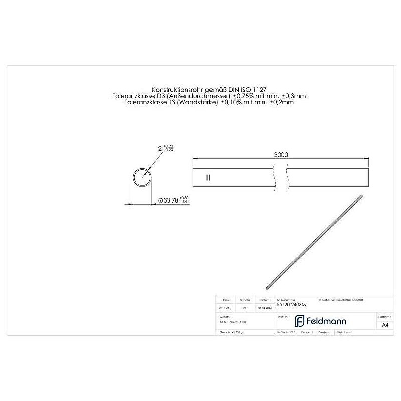 Edelstahlrohr, 33,7x2,0mm, L: 3000mm, V2A