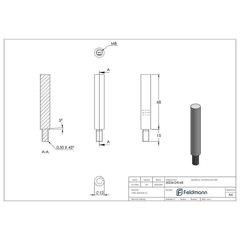 Stift Ø 12mm, L: 68mm, V2A