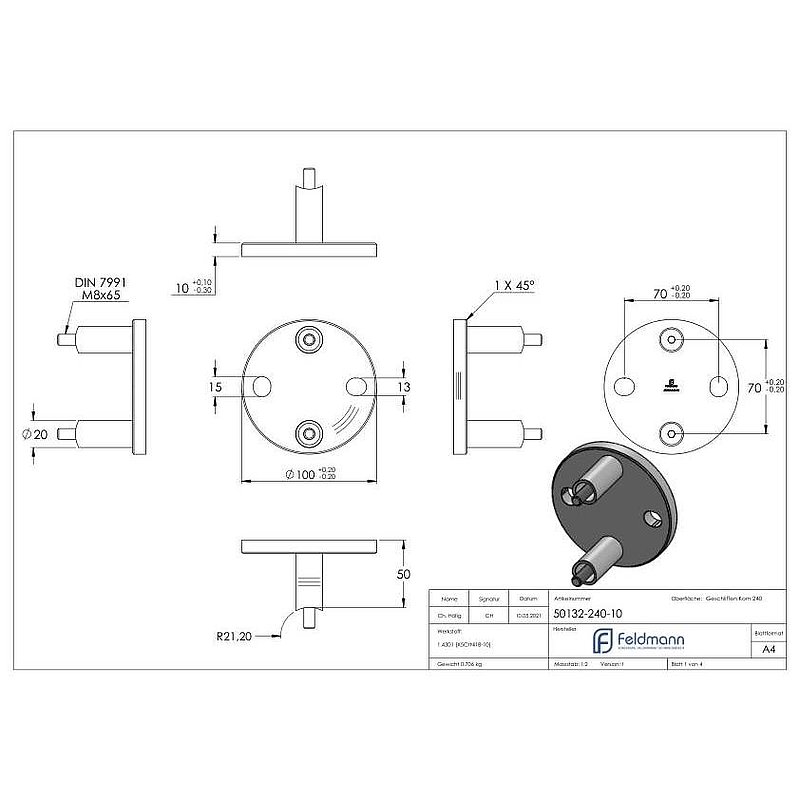 Wandbefestigung für Geländerpfosten 42,4mm, V2A