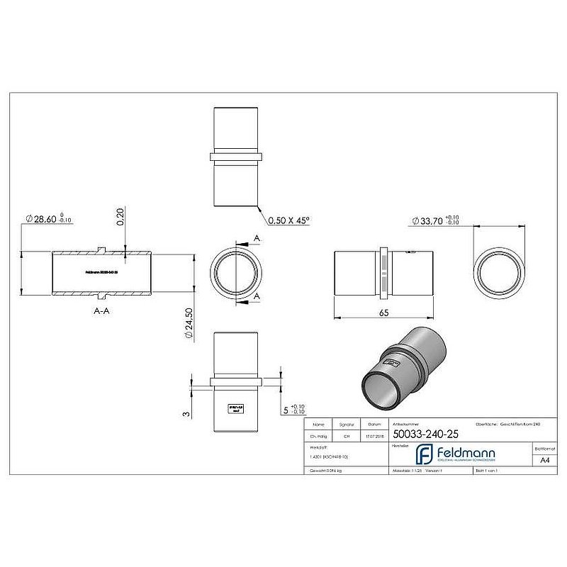 Connecting piece for tube 33.7x2.5mm, AISI304