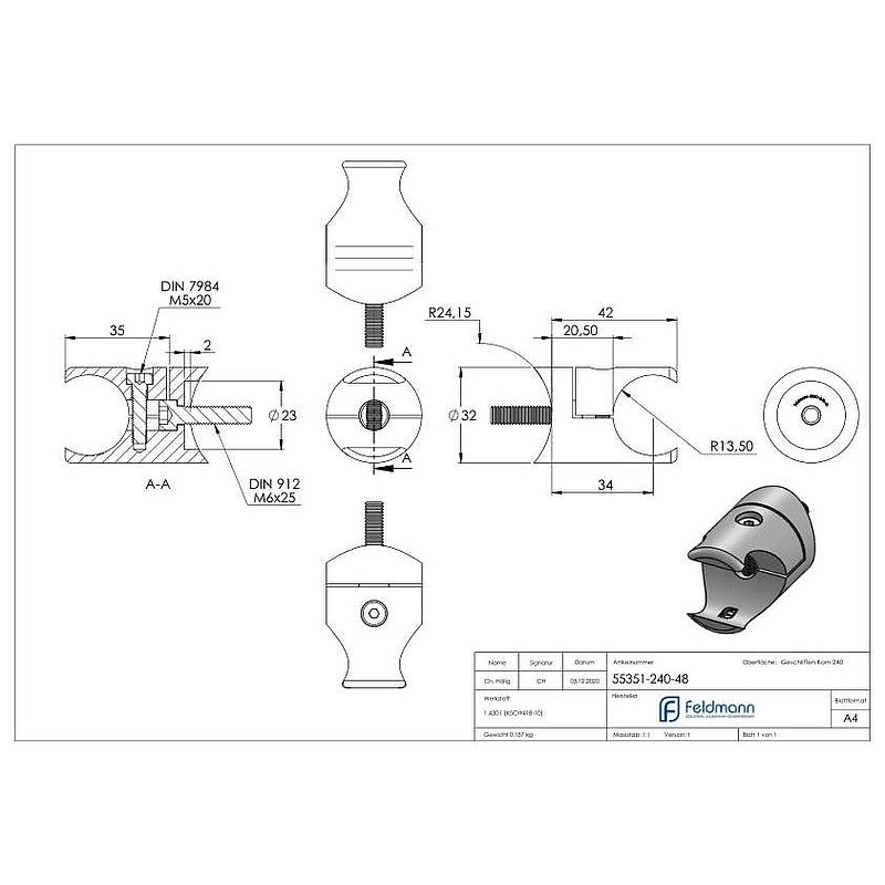 Halter für rundes Klemmprofil 27mm Anschluss: 48,3mm, V2A