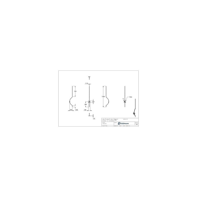Barre galbée 12x12mm, martelée, H : 1500mm