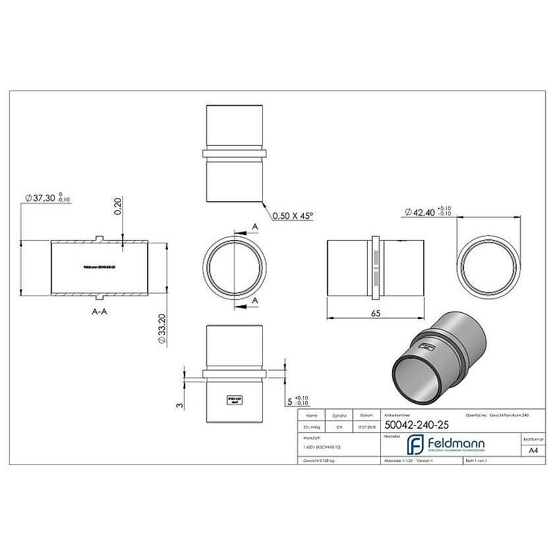 Verbindungsstück für Rohr 42,4x2,5mm, V2A