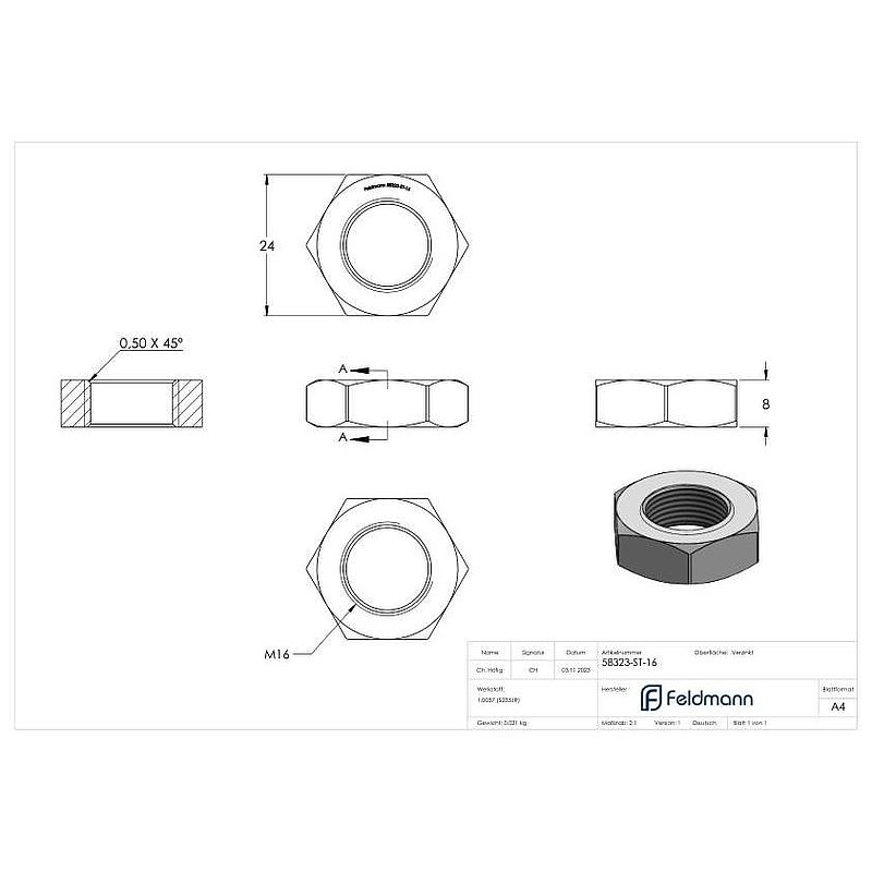 Hexagon nut M16, flat shape
