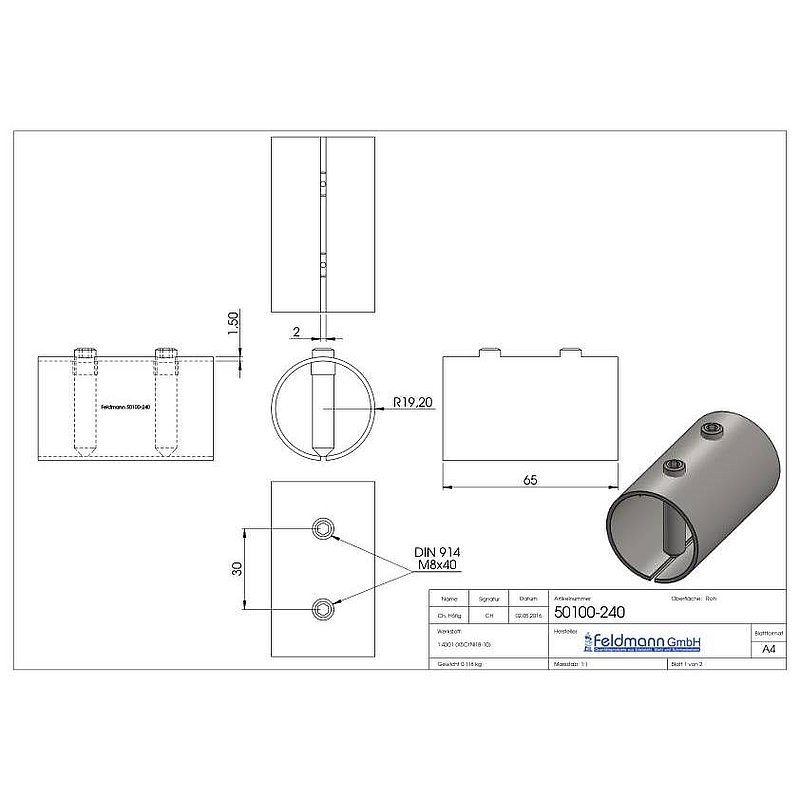 Verbindungshülse für Rohr 42,4x2,0mm, V2A