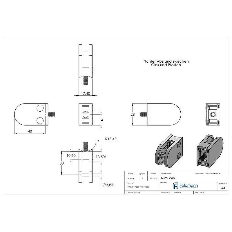 Glass clamp mod. 16, connection: 26.9mm, AISI316