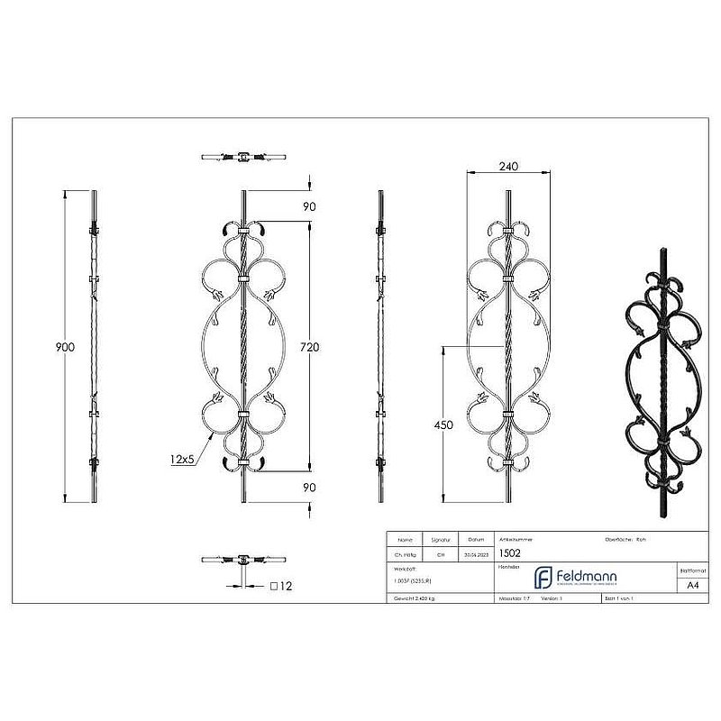 Barre d'ornement 12x12mm, rainurée, style baroque, H : 900mm