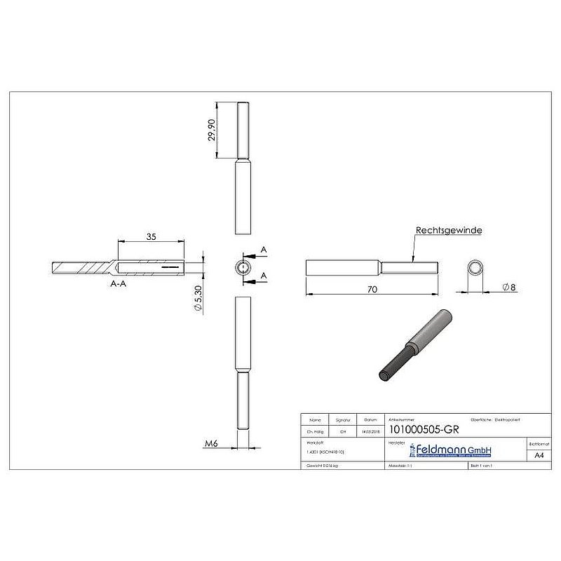 Gewindeterminal für Seil 5mm, V2A
